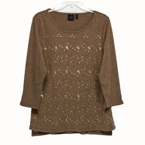 Women's XL RAFAELLA Brown Sweater with Gold Accents 3/4 Length Sleeves